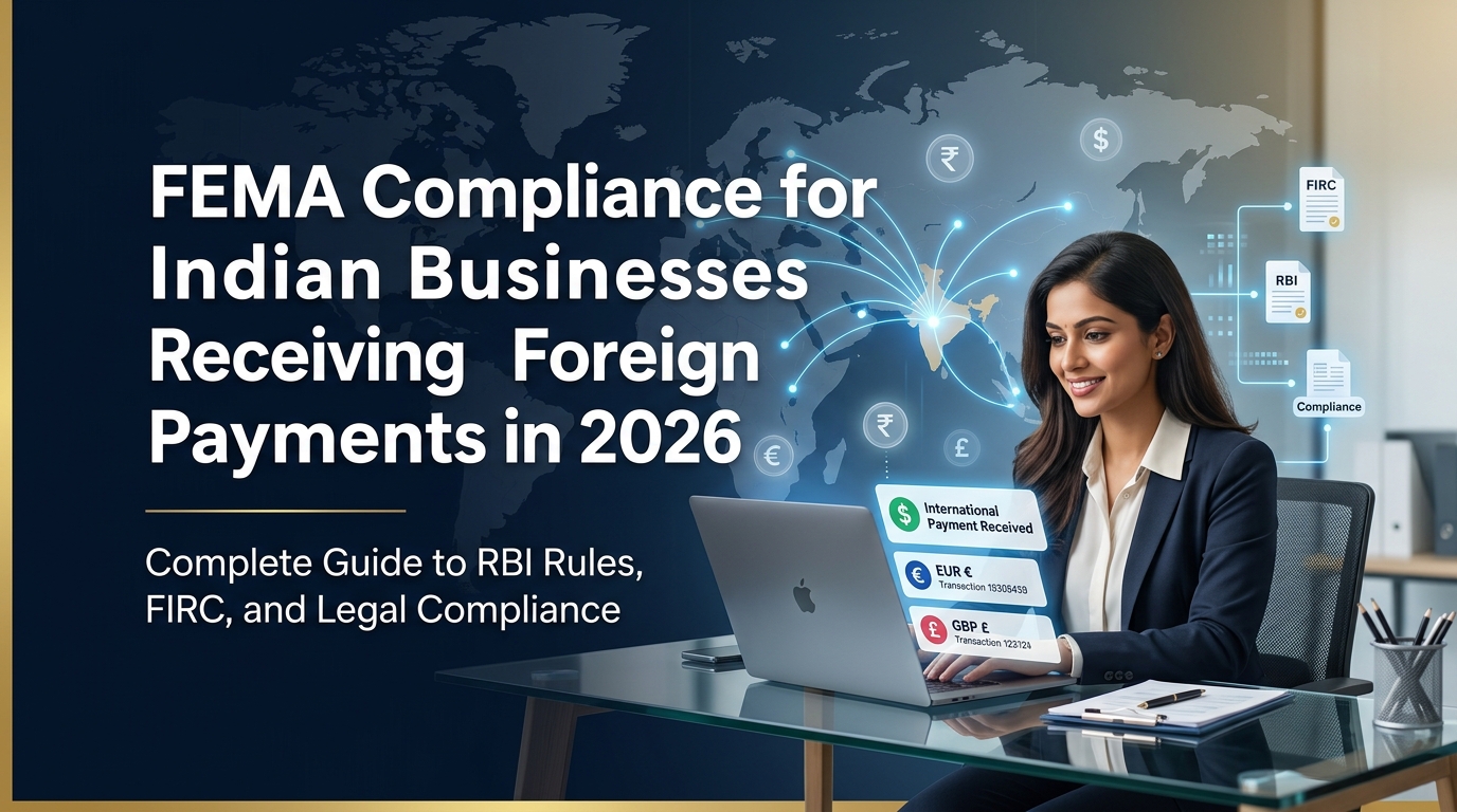 Professional woman managing foreign payments on laptop with global currency icons, illustrating FEMA compliance, RBI rules, and international transactions in India