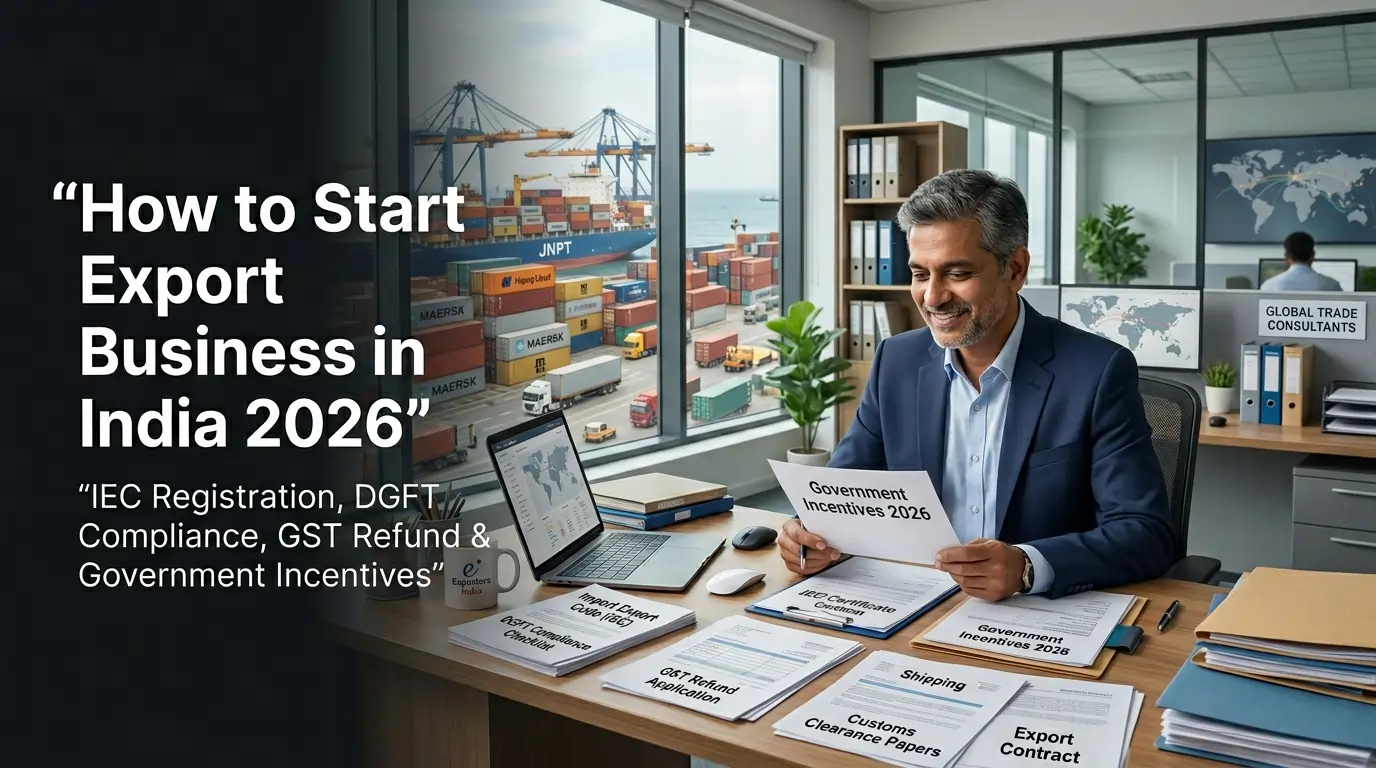 Businessman reviewing Government Incentives 2026 document at office desk with IEC certificate, GST refund application, customs clearance papers, export contract and DGFT compliance checklist, with JNPT shipping port visible in background — How to Start Export Business in India 2026