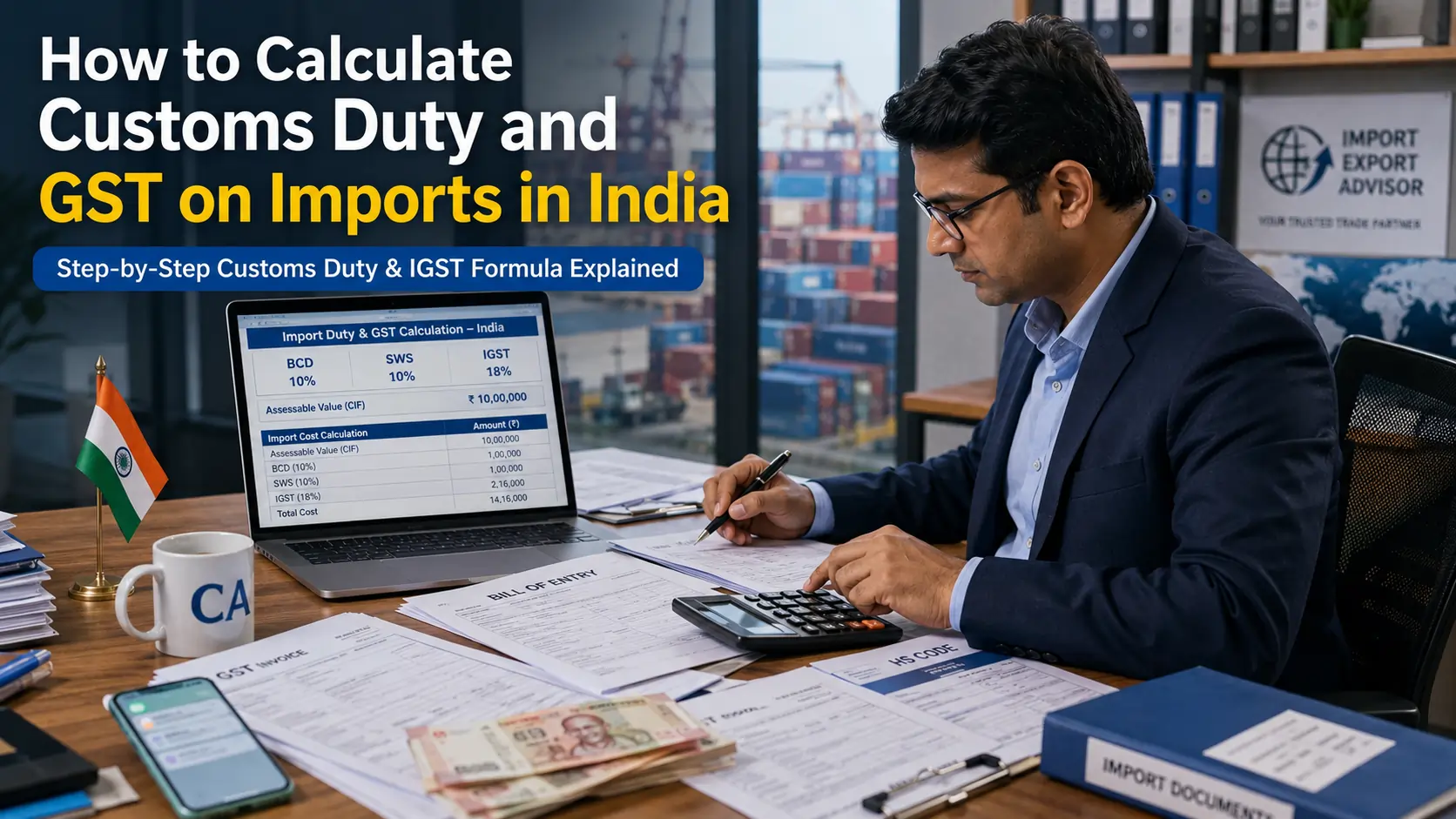 How to calculate customs duty and GST on imports in India — a CA professional reviewing BCD, SWS, and IGST calculation on a laptop with bill of entry and HS code documents