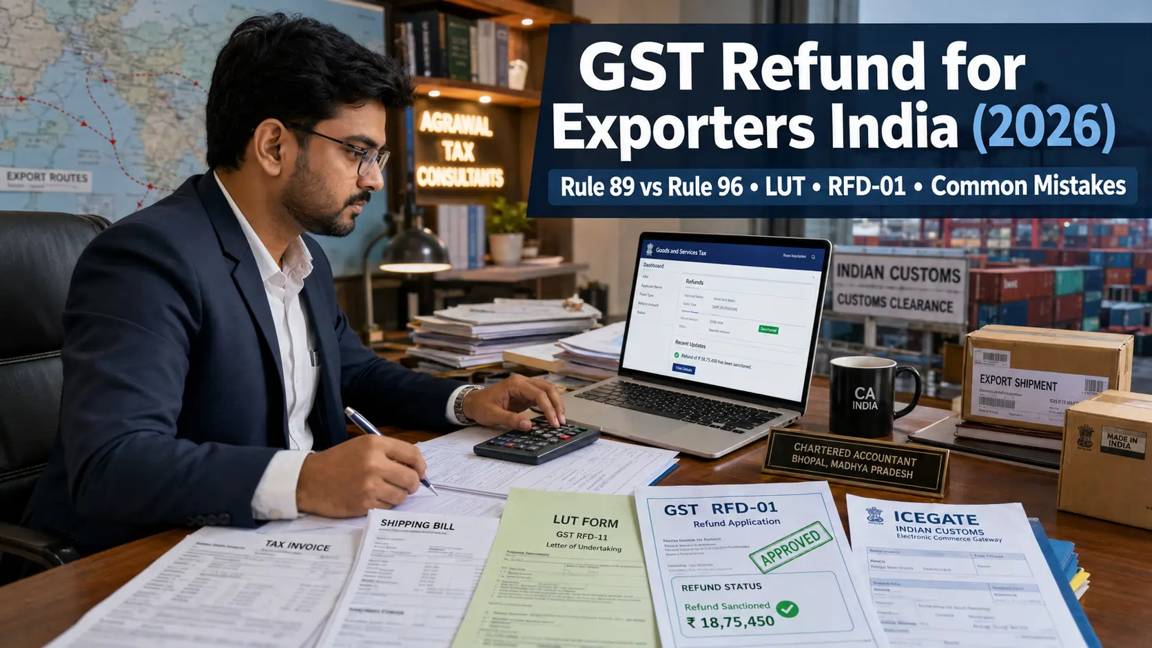 GST refund for exporters India 2026 concept showing an Indian Chartered Accountant processing export GST refund documents including LUT form, RFD-01, shipping bill, and ICEGATE papers in a professional office.