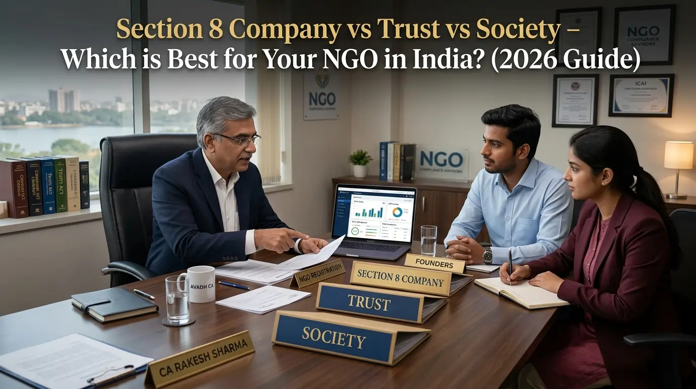 Section 8 company vs trust vs society comparison meeting with Indian CA explaining NGO registration structures and compliance in India 2026