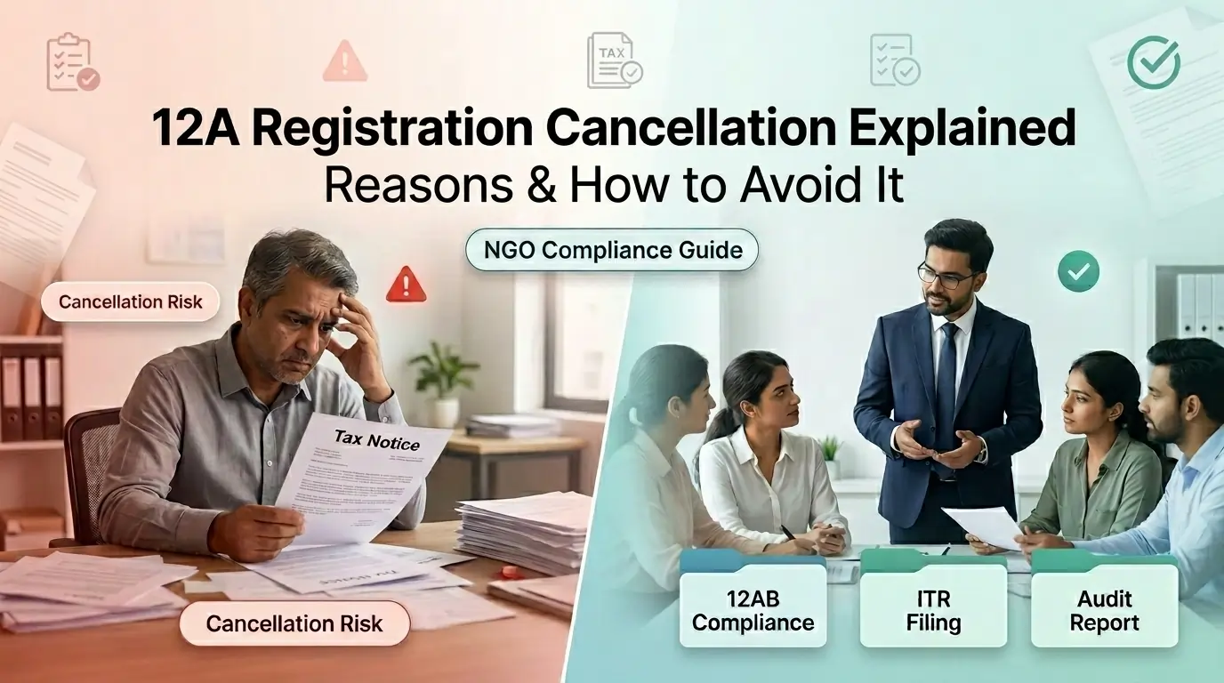 NGO team discussing 12A registration cancellation risks, tax notice review, 12AB compliance, ITR filing, and audit requirements