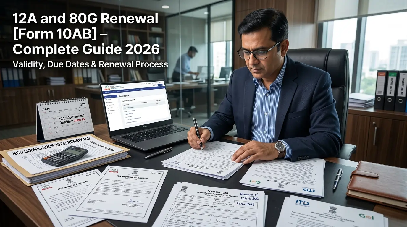 12A and 80G renewal Form 10AB process with CA reviewing NGO registration documents and renewal certificates in office